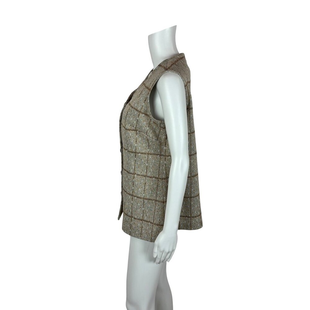 Vintage 70s Long Vest Women's Large Beige Polyester Blue Spotted Button Down Top - Picture 6 of 10